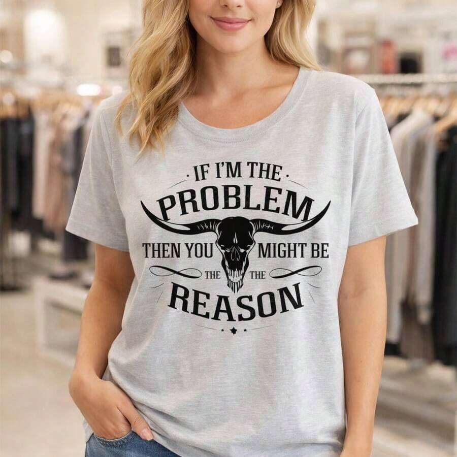 Camiseta de Algodón para Mujer, Tallas Grandes, M-5XL, Estampado Gráfico "Si yo soy el problema, entonces tú podrías ser la razón", Manga Corta, Corte Holgado Casual, Cuello Redondo, Camiseta Suave y Cómoda para Uso Diario, Negra - Gris Claro - Ver 1