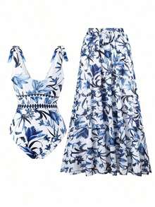 Swim Oasis Traje de baño de una pieza con cuello en V, estampado floral azul, diseño halter y espalda descubierta, con falda transparente.Atuendo de playa de verano de alta gama para mujer - Azul y blanco - Ver 8
