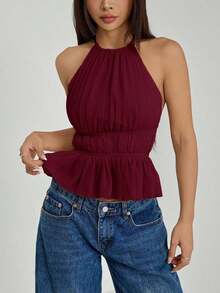 Top sin espalda con cuello de halter y cintura anudada con pliegues para mujer - Burdeos 2 - Ver 6