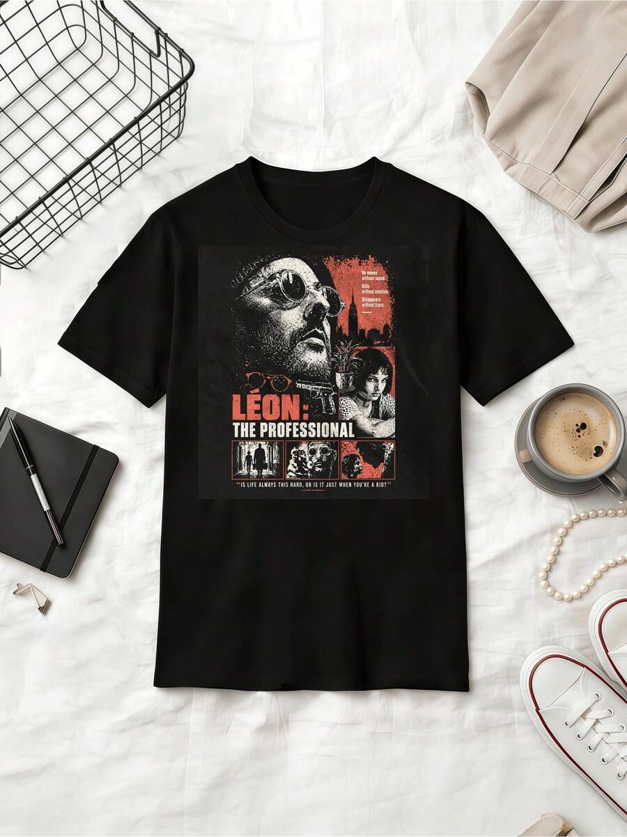 Léon The Professional Graphic Tee  Luc Besson Film T-Shirt 90s Cult Action Movie Apparel - Black - View 1