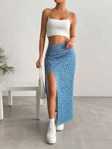 Falda larga con diseño floral pequeño y abertura en el dobladillo - Azul - Ver 3