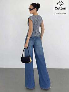 Blusa de mujer con cuello en V a rayas, plisada y con bajo asimétrico - Azul marino - Ver 2