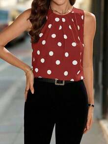 Blusa sin mangas con pliegues y estampado de lunares para mujer - Rojo - Ver 5