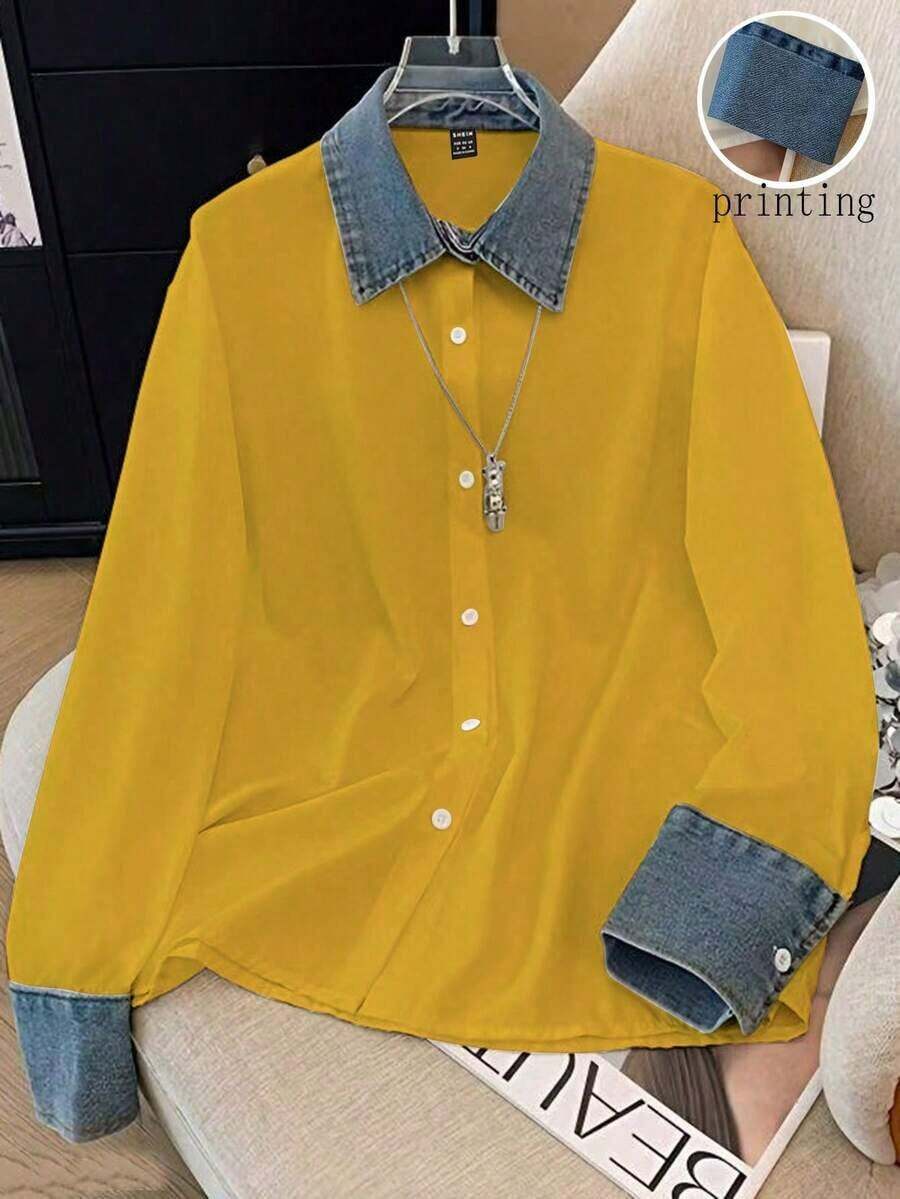 Camisa de efecto de mezclilla de parchwork casual para mujer, otoño/invierno - Naranja 2 - Ver 1