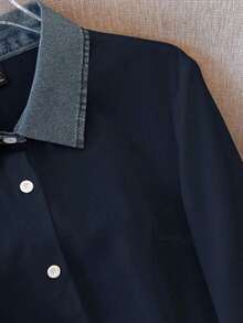Camisa de efecto de mezclilla de parchwork casual para mujer, otoño/invierno - Azul marino - Ver 4