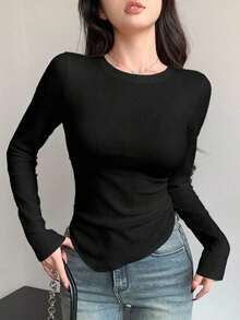 Camiseta de mujer de manga larga con diseño asimétrico y ajuste ceñido, ropa de otoño con estilo preppy - Negro 2 - Ver 4