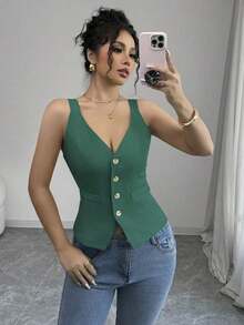 Camiseta sin mangas de un solo pecho de unicolor casual para mujer - Verde - Ver 8