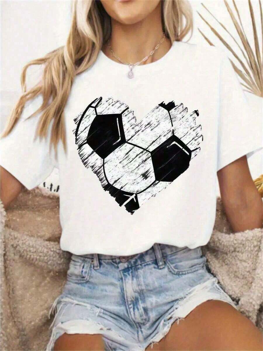 1 pieza [Camiseta Deportiva] Camiseta de Mujer con Diseño de Corazón de Fútbol - Diseño de Fútbol en Blanco y Negro, Camiseta Casual de Cuello Redondo, Cómoda para Usar en Todas las Temporadas, Perfecta para Fanáticos del Deporte y Ropa Casual, Fútbol, Corte Relajado, Talla Grande, 180g, 100% Algodón - Blanco - Ver 1