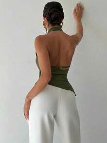 Camisa elegante de oficina para mujer, blusa asimétrica sin mangas con cuello halter y espalda descubierta, con botones decorativos ajustables, ajustada, negra, para oficina.Camisa de oficina para mujer, ropa de primavera/verano, elegante, sexy - Verde militar - Ver 2