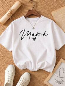 Camiseta informal blanca para mujer con estampado de corazón "Mama", manga corta, cuello redondo y ligeramente elástica, ideal como regalo para mamá. - Blanco - Ver 1