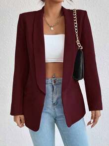 Chaqueta de traje informal con solapa verde con estampado de frutas, abotonadura sin abrochar, estilo suelto y casual, para primavera y otoño, versátil para el trabajo y el día a día, con un estilo maduro y ligero - Burdeos - Ver 7