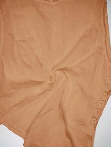 Camisa blanca de lino sin mangas, ajustada, con botones de nudo de bambú, estilo vintage para oficina - Naranja Quemada - Ver 9