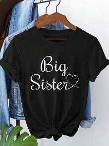 Camiseta de manga corta para mujer con estampado de texto "Big Sister", cuello redondo, ideal para salidas informales, regalos de vacaciones y reuniones con amigos, cálida y que encarna el estilo de afecto hermanesco.una camiseta estampada muy distintiva / estilo unisex / adecuada tanto para hombres como para mujeres / resistente a las arrugas / transpirable - Negro - Ver 1