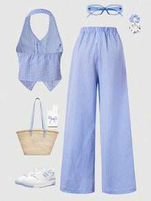 Set de 2 piezas de chaleco sin mangas a rayas y pantalones anchos a rayas para adolescentes, conjunto informal para el verano - Azul - Ver 4