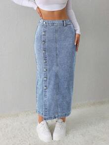 Tall Falda vaquera casual y suelta con abertura lateral, falda midi azul para mujeres altas, falda azul claro, falda azul, ropa de invierno para mujeres - Lavado ligero - Ver 6
