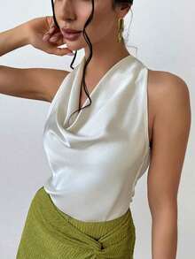 Blusa de mujer simple y elegante en tono albaricoque con cuello en V y corbata en la cintura. - Albaricoque 2 - Ver 4
