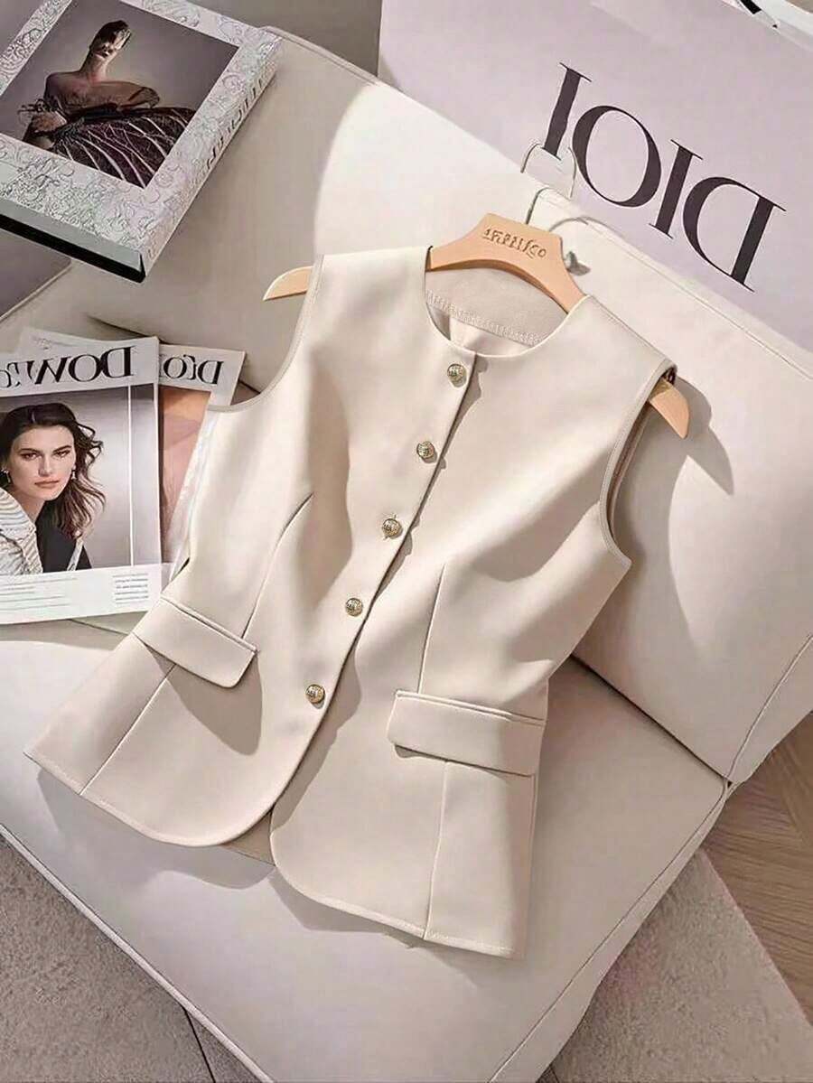 Camisa sin mangas de unicolor y estilo minimalista con botones para mujer - Albaricoque - Ver 1