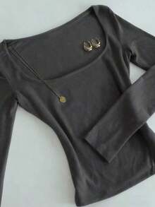 Camiseta de manga larga de cuello cuadrado gris minimalista de ajuste ceñido, adecuada para primavera, verano, otoño e invierno.Camiseta de moda, regalo de estilo minimalista para hermanos, hermanas, mamá, Día de la Madre, top de moda casual. - Multicolor 3 - Ver 3