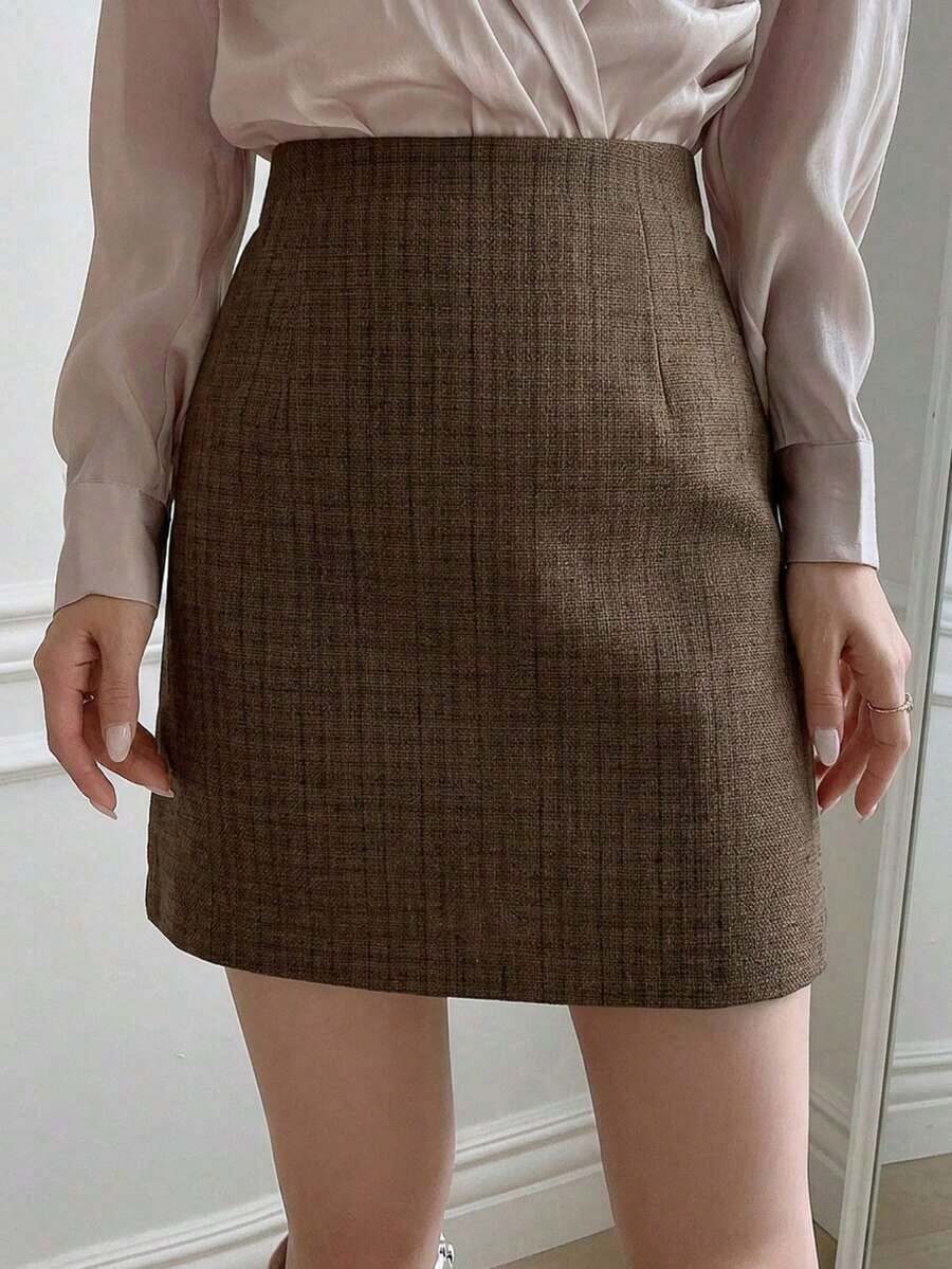 Falda casual minimalista de unicolor para mujer - Marrón - Ver 1