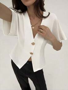 Camisa blanca sólida con mangas de murciélago, doble botonadura y frente abierto elegante - Blanco 2 - Ver 6