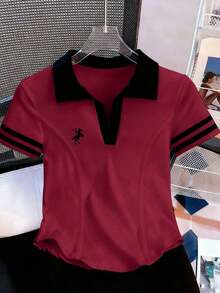 Camiseta de mujer casual de manga corta con cuello polo, estampado de caballero a rayas y contraste de color - Rojo - Ver 7