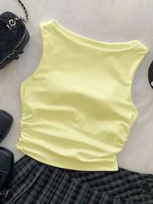 2 piezas Camiseta ajustada con pliegues versátil y casual para mujer - Amarillo - Ver 3
