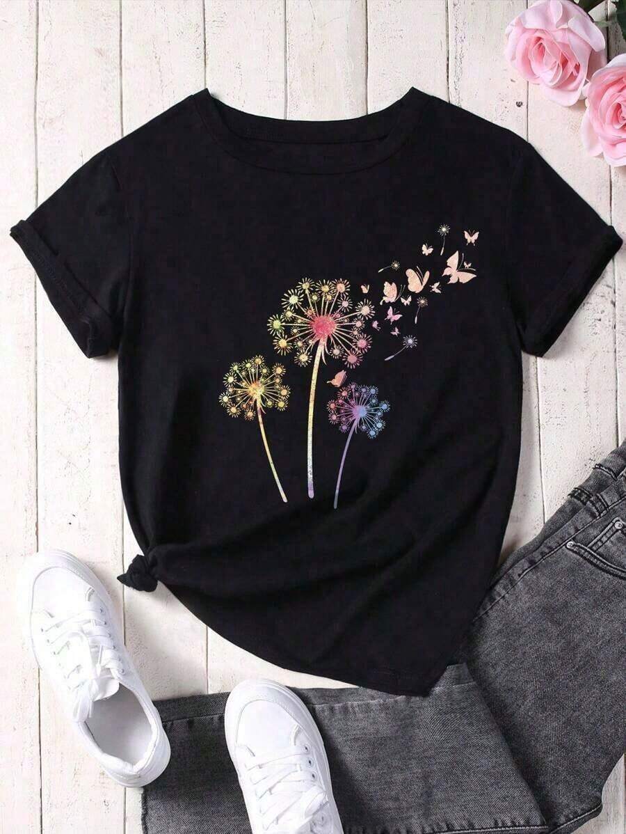 Camiseta de manga corta con estampado de diente de león y mariposa para mujer, camiseta gráfica para mujer - Negro - Ver 1