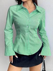 Camisa de manga larga casual a rayas que ciñe la cintura, apta para primavera/verano/otoño, tops de manga larga - Verde - Ver 5