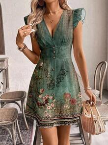 Vestido casual de vacaciones para mujer con mangas de volantes y botones delanteros de unicolor, vestidos de verano para mujer, vestido de té de vacaciones - Multicolor 2 - Ver 3