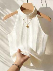 Blusa de unicolor con cuello halter, versátil para uso diario - Blanco - Ver 6