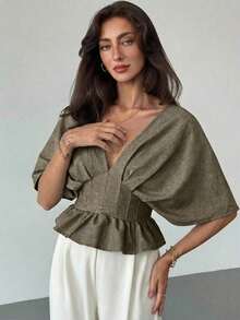 Blusa de manga de murciélago de unicolor elegante para mujer, de verano - Caqui - Ver 3