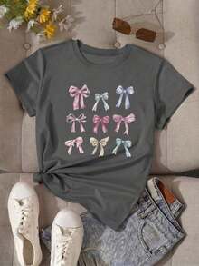 Camiseta Casual de Mujer con Cuello Redondo y Manga Corta, con Bonito Estampado de Lazo, Corte Regular, Top de Poliéster - Gris Oscuro - Ver 3