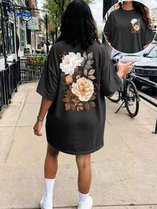 Plus Size T-Shirt With Summer Floral Print - Negro 5 - View 4