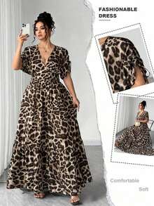 Elenzya Vestido maxi elegante de talla grande para mujer con cuello en V, estampado de leopardo, manga corta fruncida y falda acampanada - Marrón - Ver 1