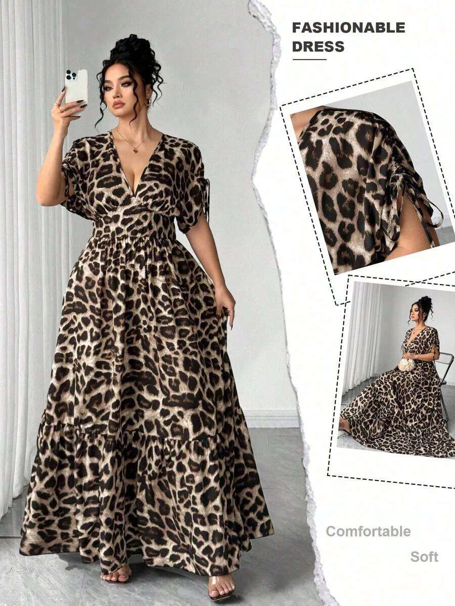 Elenzya Vestido maxi elegante de talla grande para mujer con cuello en V, estampado de leopardo, manga corta fruncida y falda acampanada - Marrón - Ver 1
