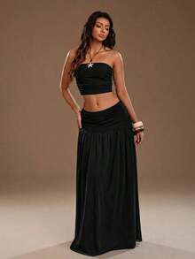 Unity Conjunto de 2 piezas de top corto de bustier de malla de unicolor y falda larga para mujer - Negro - Ver 6