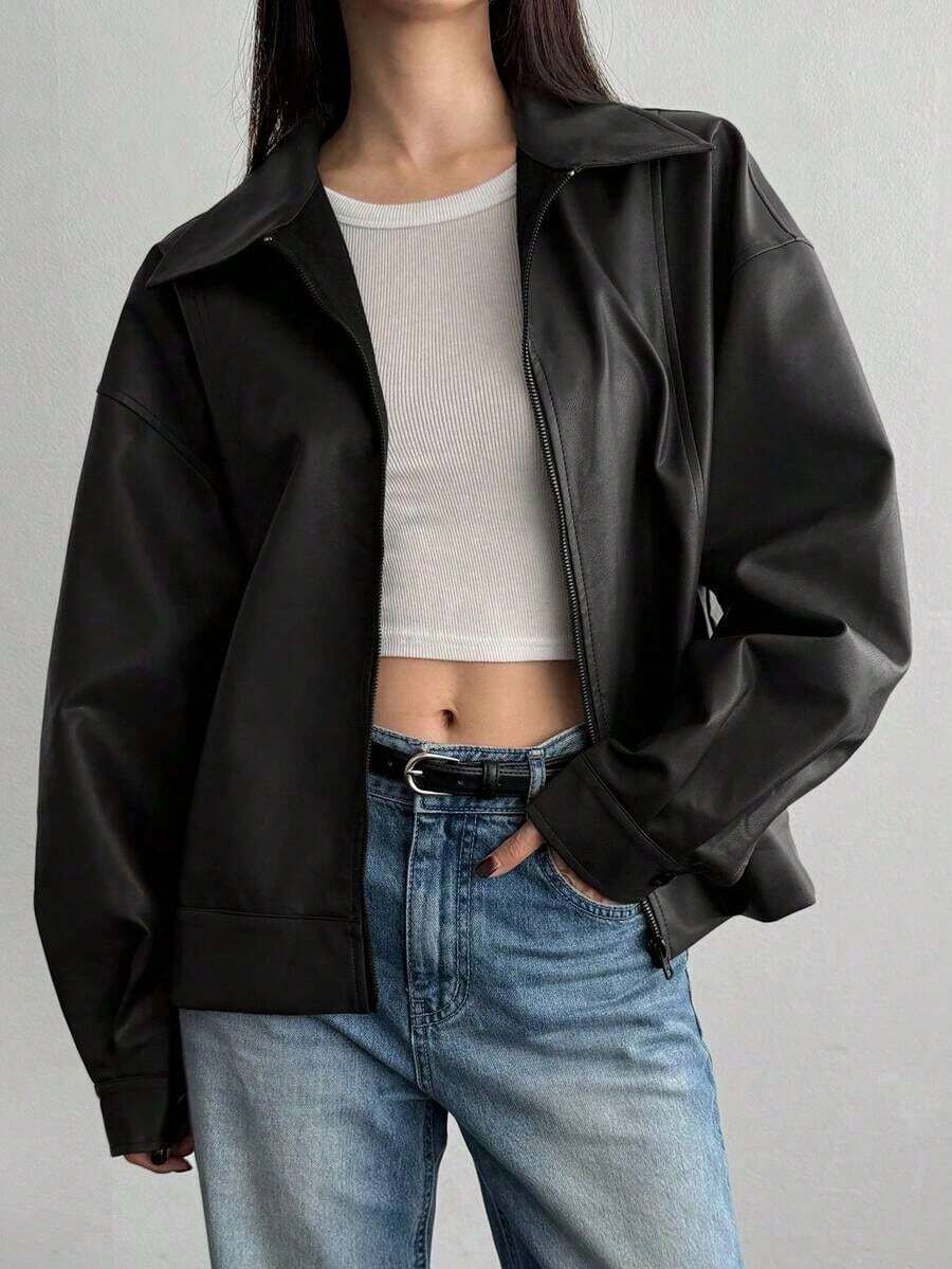 de cuero casual suelta con cremallera en la solapa, chaqueta exterior de manga larga - Negro - Ver 1