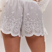 Women's Spring & Summer Beach Holiday Linen Embroidered Floral Sexy Tie-Front Shorts/White Shorts/Embroidered Shorts/Summer Shorts/Casual Shorts/Italian Holiday/Holiday Shorts/Beach Shorts,Loose-Fitting Elastic Waistband Shorts, Wide-Leg Shorts, Embroidered Openwork Shorts, Casual Shorts, Comfortable Shorts, Linen Shorts, Shell Embroidered Shorts, Summer Shorts White Cover Up Shorts - Blanco - Ver 9