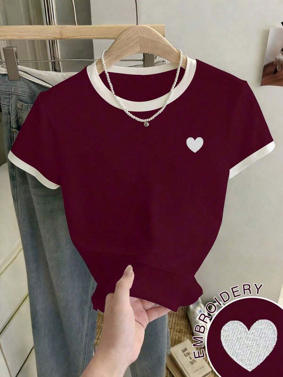Camiseta de mujer de manga corta con cuello redondo, bloque de color, bordado de corazón a rayas y versátil - Burdeos 2 - Ver 1