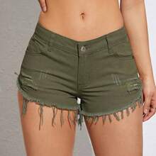 ICON Women's Pocket Frayed Edge Casual Versatile Denim Shorts - Verde militar - Ver 1