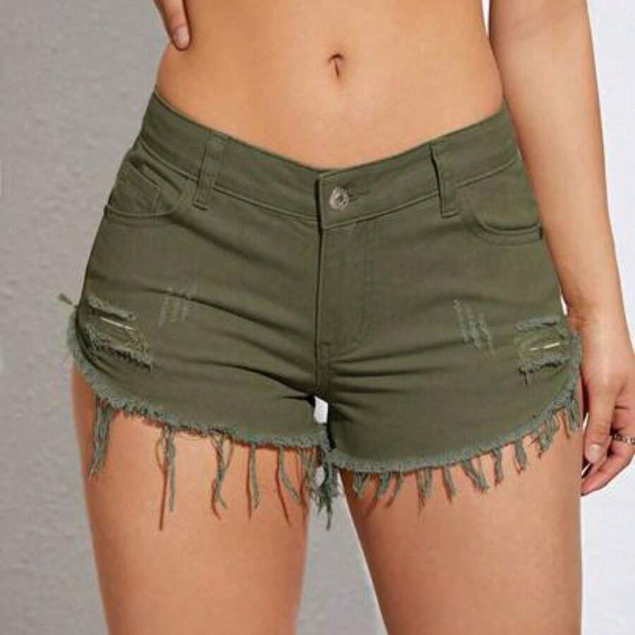 ICON Women's Pocket Frayed Edge Casual Versatile Denim Shorts - Verde militar - Ver 1
