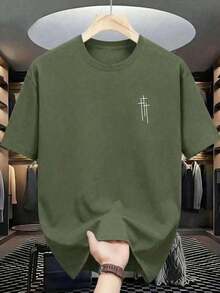 Men's Short-Sleeved Crew Neck T-Shirt With Print, Slim Fit Summer Casual Half-Sleeve, Modern And Comfortable Design, Urban Style, Printed Design, Casual T-Shirt, Basic T-Shirt, For Men And Women, For Couples - 軍綠色 - 查看 12