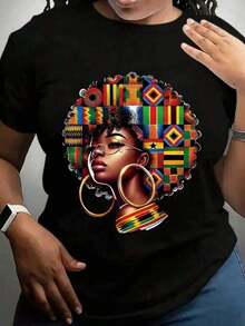 Mujer Camiseta de manga corta con estampado térmico de retrato africano colorido, diseño de retrato con mosaico geométrico, estilo único - Negro - Ver 7
