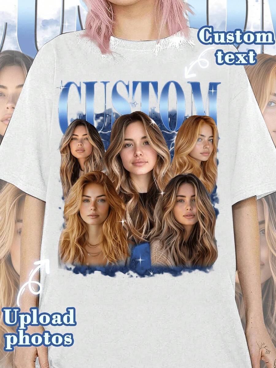Custom Girlfriend Bootleg Rap T-Shirt, Custom Design With Girlfriend Face, 90s Retro Design, Summer, Women's Summer Clothes, Women's Vacation, Suitable For Back To School Season, Casual Back To School Style, For Family. - 白色 - 查看 1
