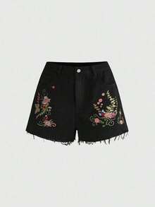 Fairycore Shorts vaqueros de mujer con bordado floral y bajo deshilachado, para la escuela - Negro - Ver 5