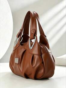 1pc Solid Color Versatile PU Leather Tote Shoulder Bag, Suitable For Daily Life And Work - Brown - View 5
