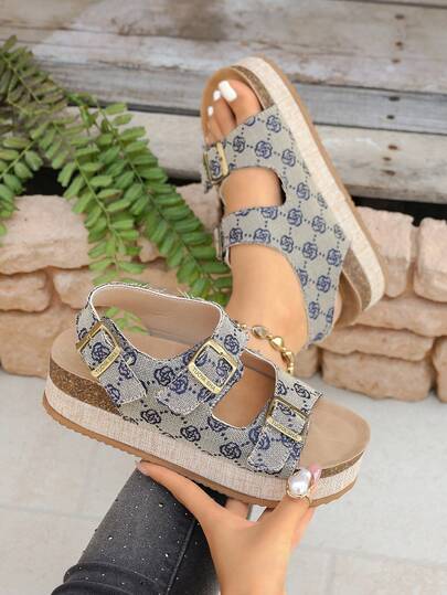 Giày sandal nữ điều chỉnh được kiểu đan rơm, quai đôi có khóa cài phía sau, hở mũi, đế dày, giày casual mùa hè, sandal đế dày, kiểu dáng đi nghỉ mát.