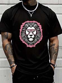 Camiseta con Estampado de León Rosa para Amantes de Animales Salvajes, para Hombres y Mujeres, de Manga Corta y Cuello Redondo, Casual, Adecuada para Todas las Temporadas, Ropa Masculina - Negro - Ver 1