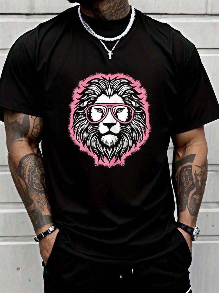 Camiseta con Estampado de León Rosa para Amantes de Animales Salvajes, para Hombres y Mujeres, de Manga Corta y Cuello Redondo, Casual, Adecuada para Todas las Temporadas, Ropa Masculina - Negro - Ver 1