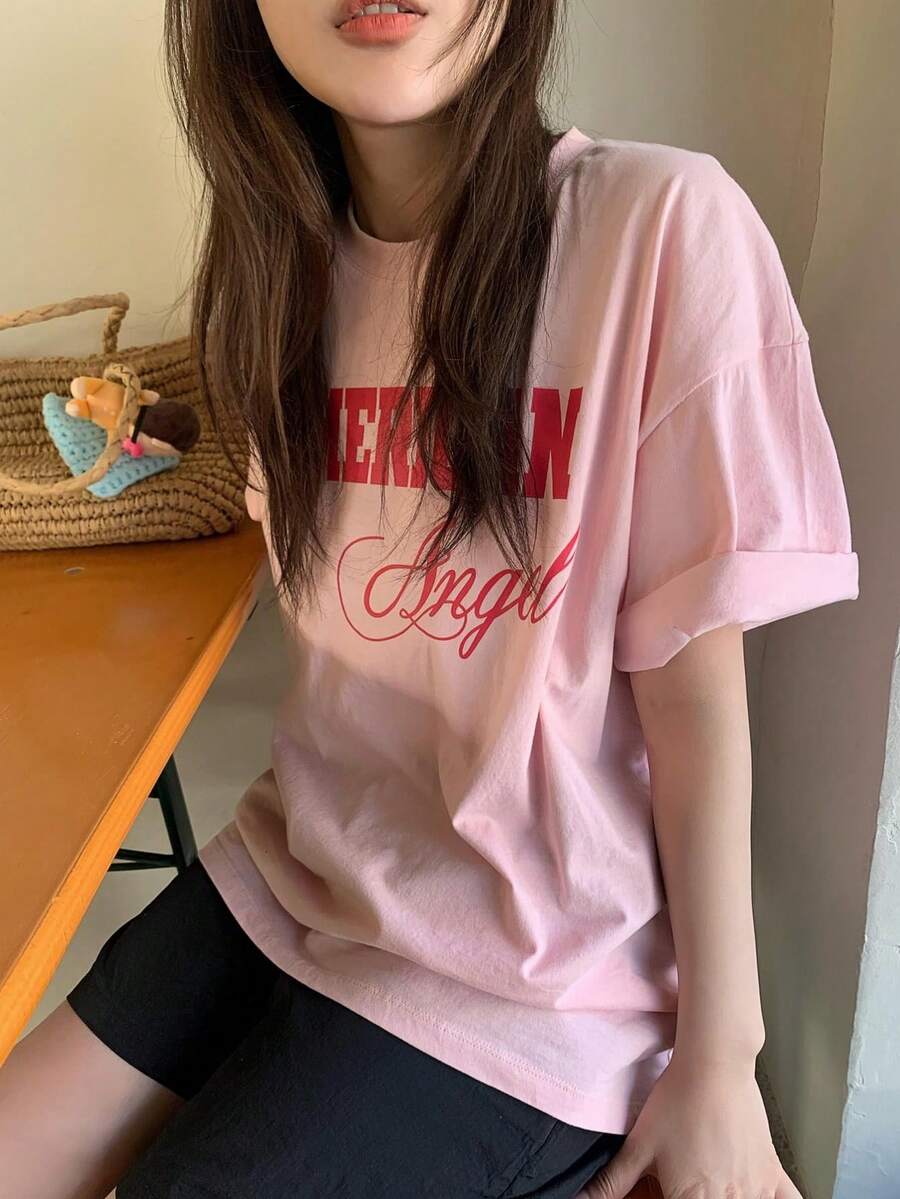 韩版ins风粉色字母印花短袖T恤女款,宽松圆领美式复古上衣,柔美少女日系夏季显瘦百搭休闲慵懒风上衣 - 粉色 - 查看 1